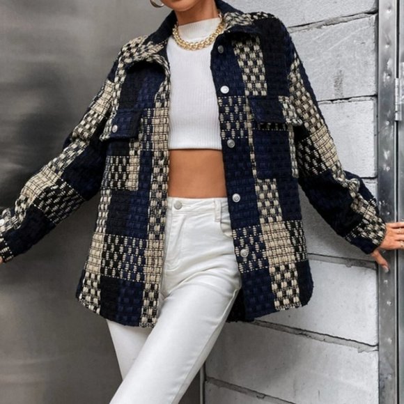 Navy Plaid Print Flap Pocket Oversized button front Casual Shacket jacket Coat - Picture 6 of 6